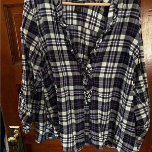 Lane Bryant Blue and Purple 3/4 Sleeve Button Down Shirt with Mandarin Collar